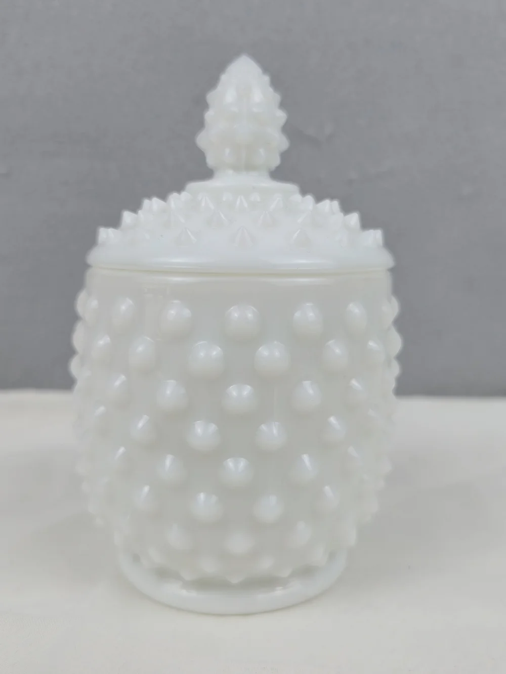 Vintage Fenton White Milk Glass Hobnail Jam / Jelly Jar with Lid & Spoon